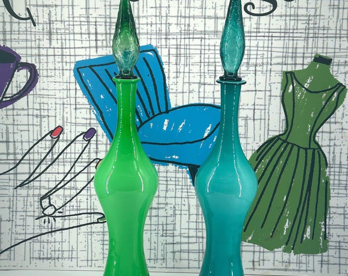Empoli Cased Genie Bottles in the Hourglass Shape in Apple Green and Teal with Transparent Glass Stoppers