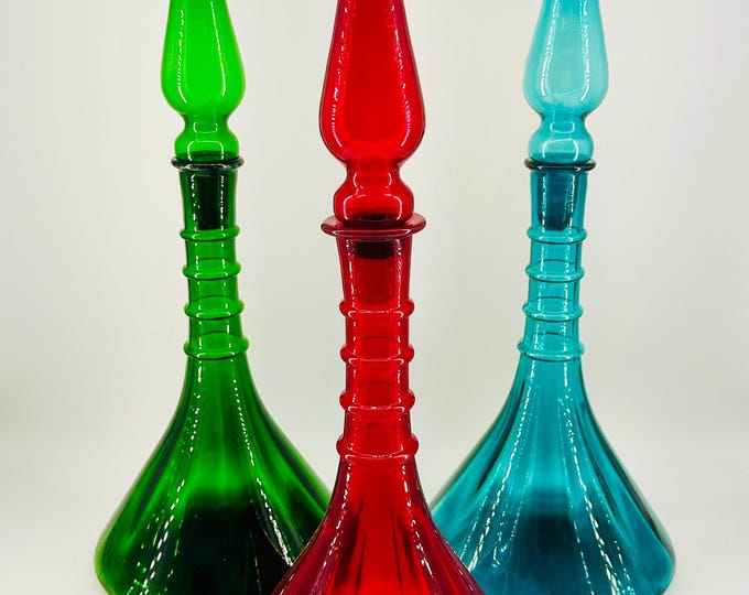 Empoli Ships Decanter Genie Bottles - Huge Vintage Italian Glass Apothecary Style Bottles in Red, Turquoise and Green