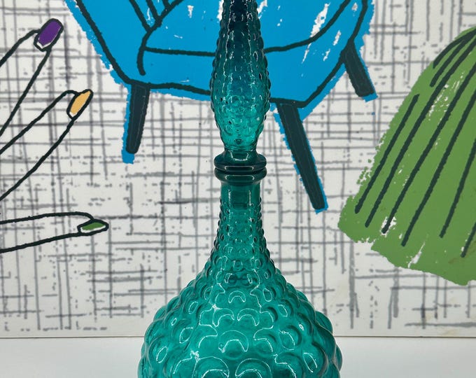 Empoli Teal Hobnail Squat Genie Bottle - Vintage Italian Glass Decorative Decanter with Original Glass Stopper
