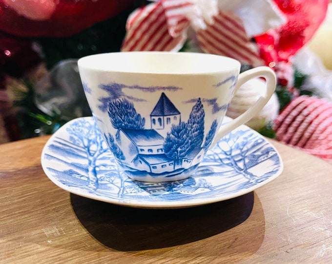 Midwinter Pottery Happy Valley Coffee Cup and Saucer, Rare Blue Variant, Designed by Jessie Tait
