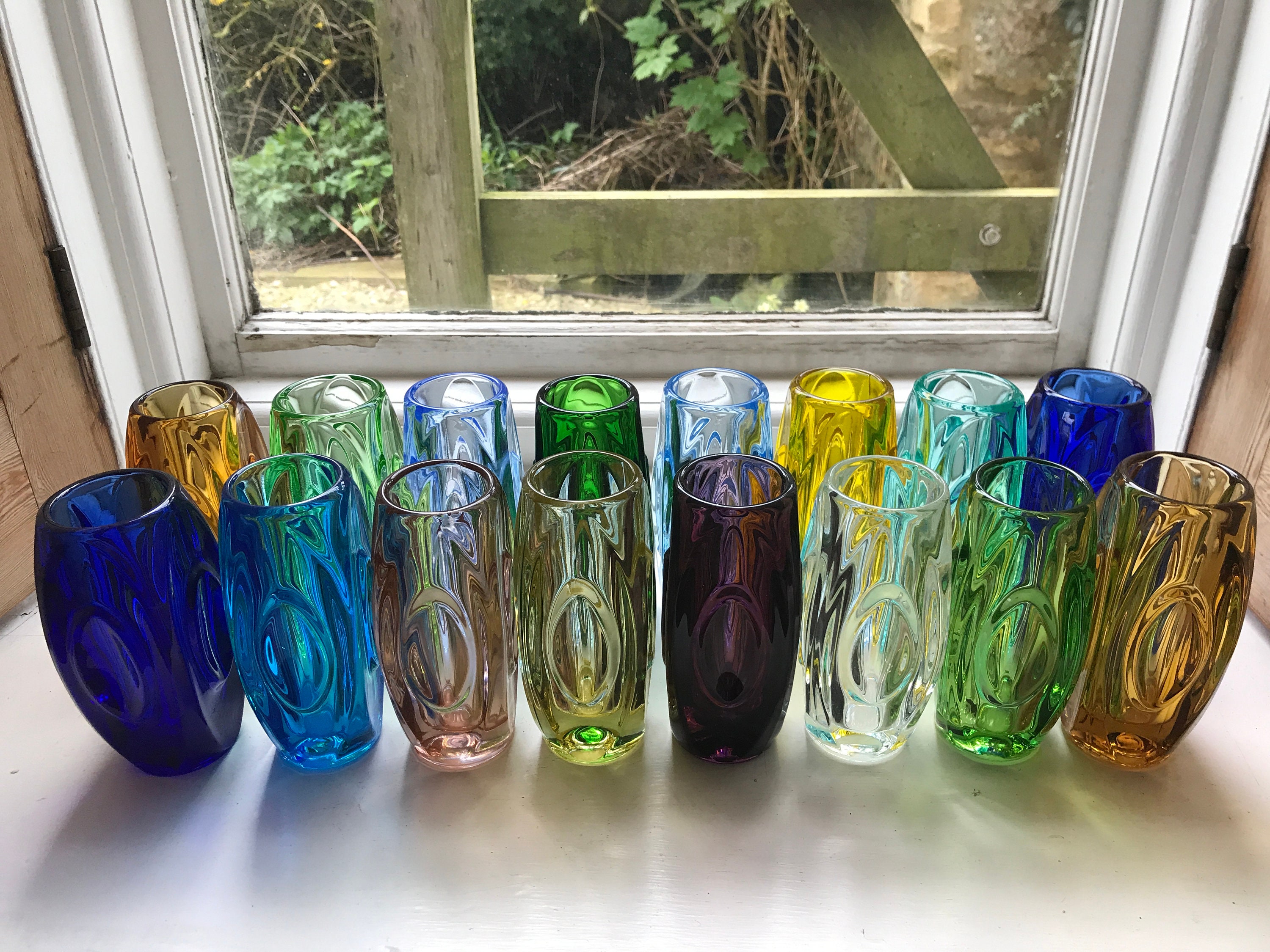 Rosice Sklo Glass Lens or Bullet Vases in Pink, Purple, Amber, Green, Blue, Mid Century Czech
