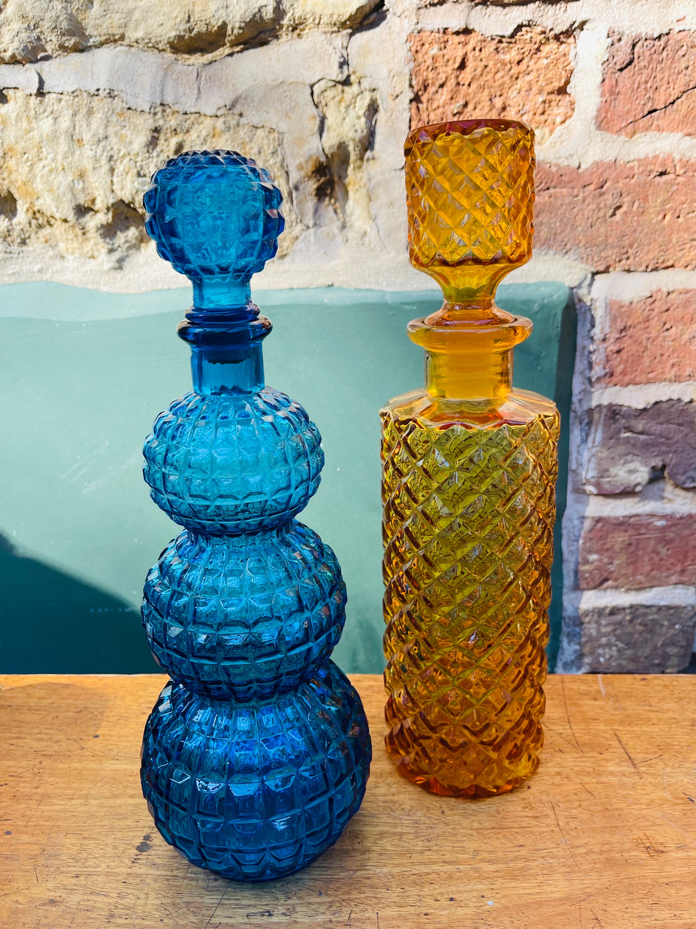 Genie Bottle Decanter in Blue Vintage Italian Empoli Glass Triple