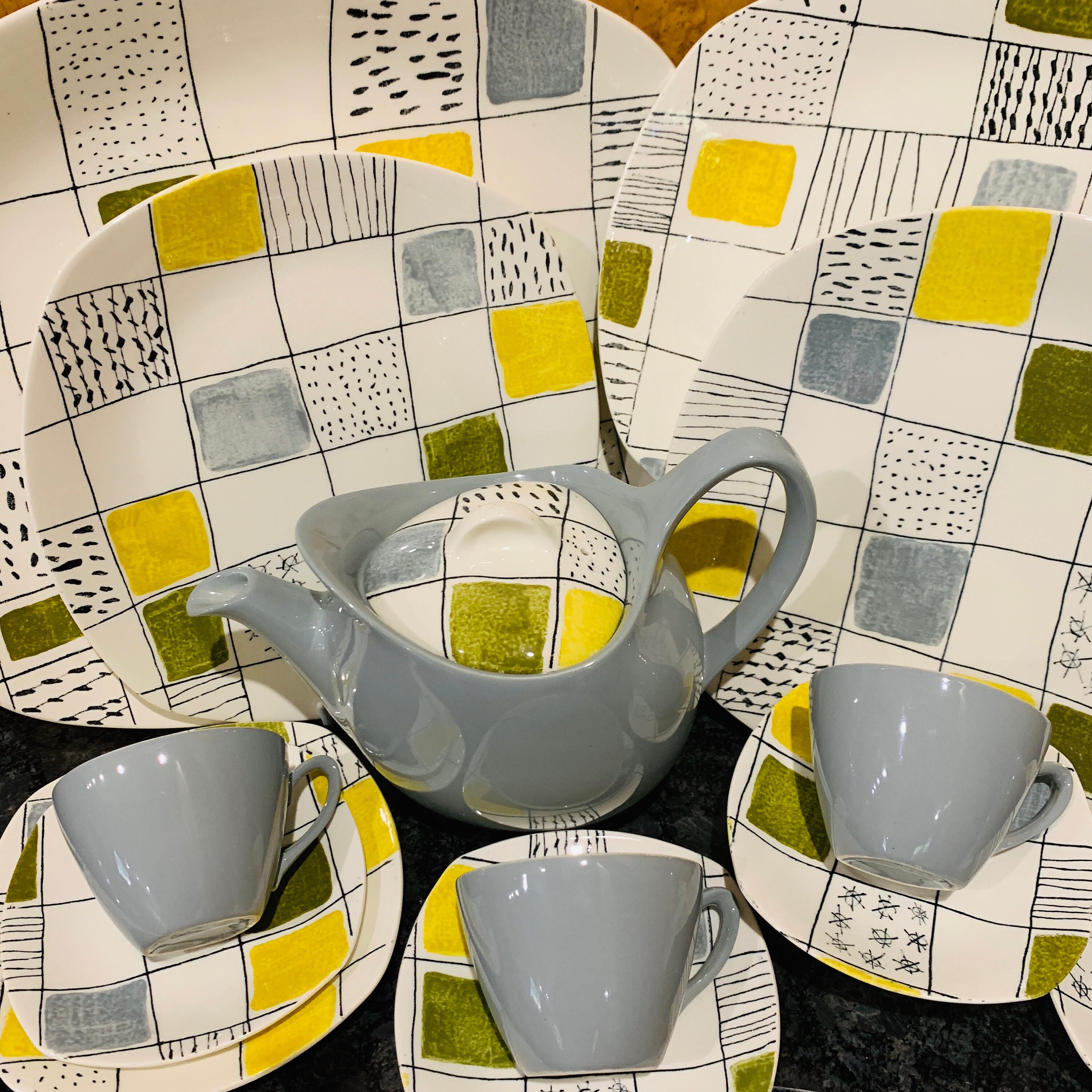Midwinter Chequers by Terence Conran Mid Century Grey, Yellow & Green