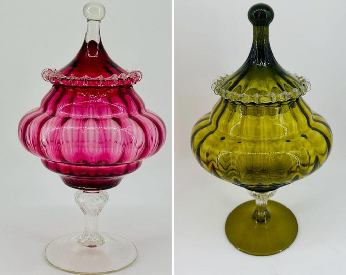 Empoli Bonbon Jars - Large Italian Glass Lidded Apothecary Bonbonnieres in Olive Green, Pink, Red and Amber