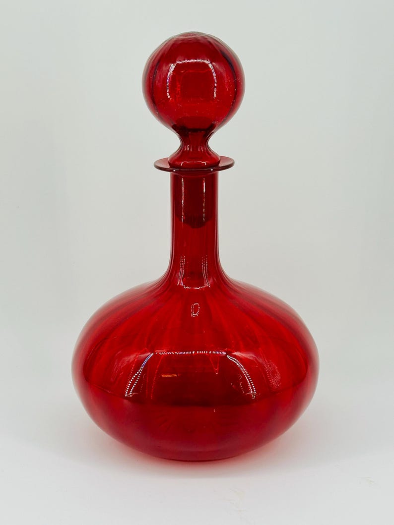 Empoli Medallion Genie Bottles - Curvy Vintage Italian Optical Glass Decanters with Ball Stoppers in Jewel Colours Ruby Red