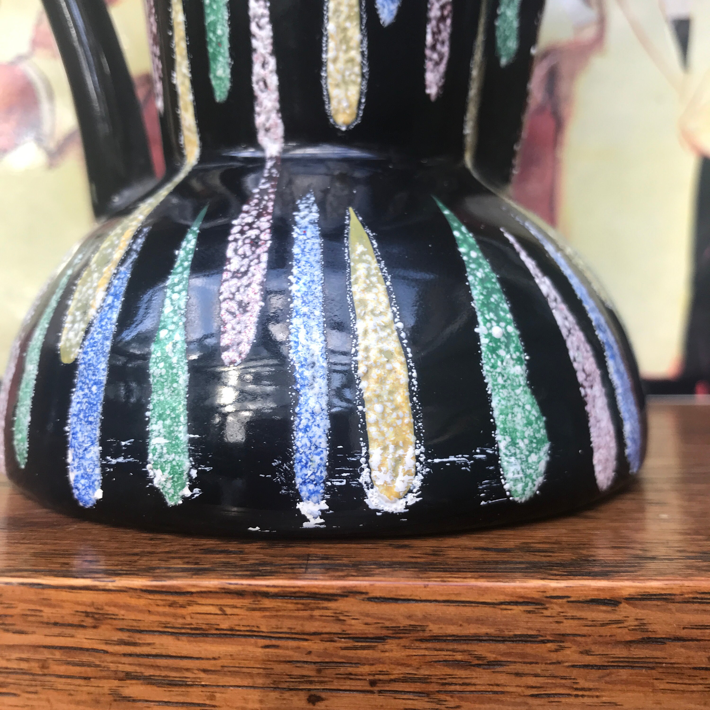 Pair Art Deco Pitcher Jug Vases with Stunning Black and MultiColoured