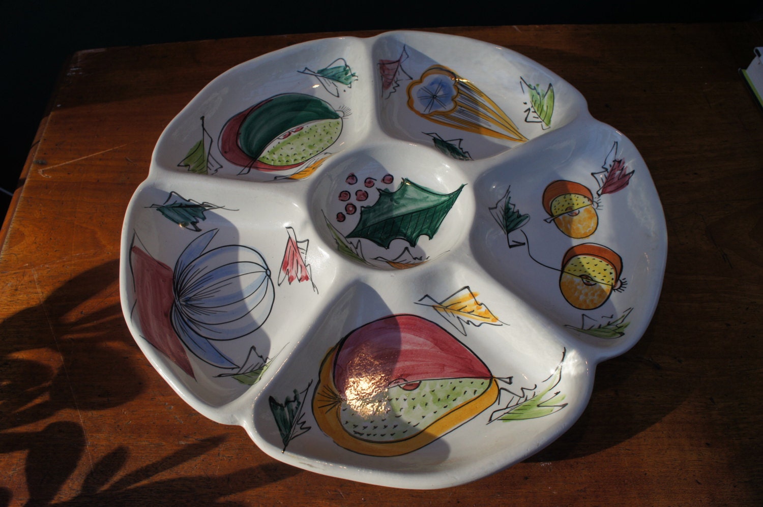 Mid Century Italian Ceramic Divided Antipasto Snack Platter Saladware