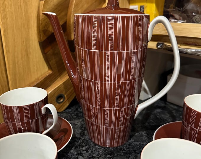 Chodziez Karolina Rust Red Coffee Set - Vintage Mid-Century Polish Modernist Sgraffito Design