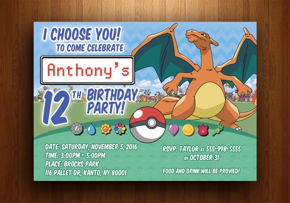 Pokemon Charizard Birthday Invitation Digital Printable File Etsy