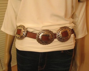 EUC VTG Vintage 1993 Brighton Srebrny Słonecznik Concho Concha Brązowy Skórzany Pasek Kowbojski Kowbojka Western Rozmiar Bardzo Duży XL Bardzo Duży