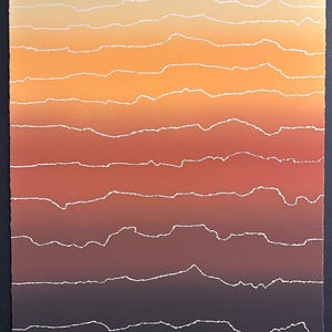 May include: Abstract art print with a gradient of orange, red, and brown colours. The print features white lines that create a wavy pattern across the image.