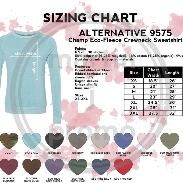 Alternative 9575 Size Chart | Alternative Color Guide | 9575 Champ Eco-Fleece Crewneck Sweatshirt| Flat Lay l Mockup