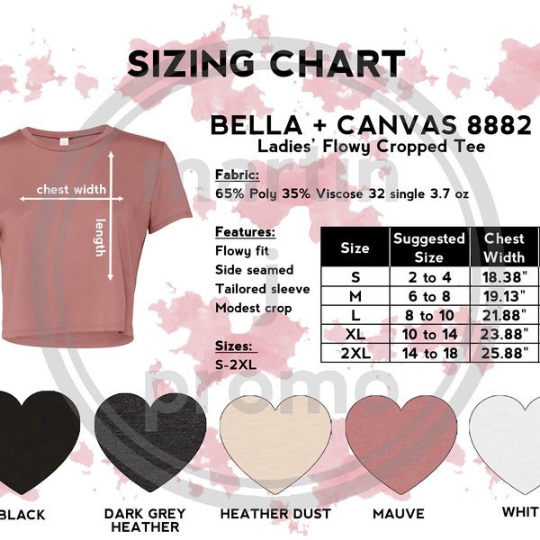 Bella Canvas 8882 Size Chart | Bella Canvas Color Guide | 8882 Women’s Flowy Cropped Tee | Flat Lay l Mockup
