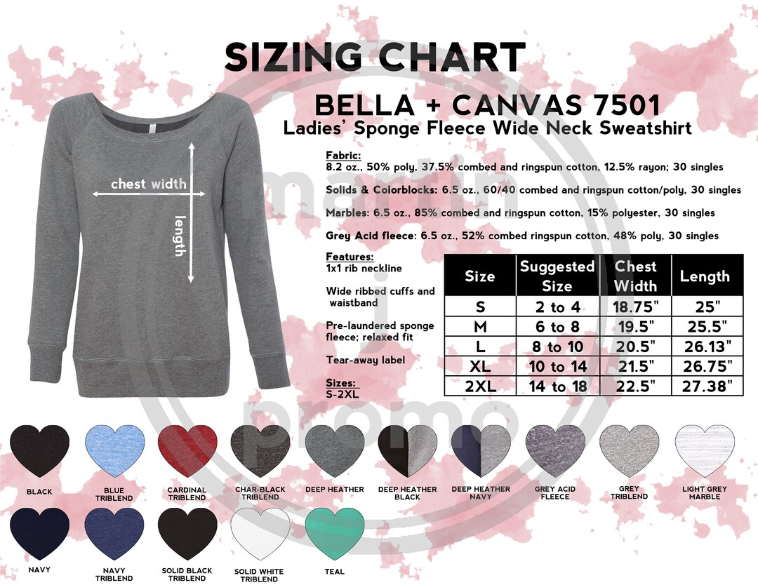 Bella Canvas 7501 Size Chart Color Guide 7501 Ladies Sponge Fleece Wide Neck Sweatshirt Flat Lay L Mockup Etsy