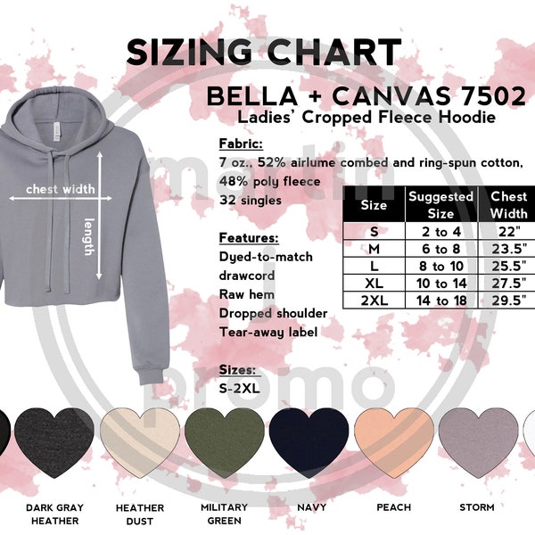 Bella Canvas B7502 Size Chart | Bella Canvas Color Guide | B7502 Ladies' Cropped Fleece Hoodie| Flat Lay l Mockup