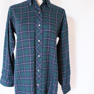 Vintage 80s Blue Green Plaid Flannel Button Front Shirt Dress Long Sleeves XS/S