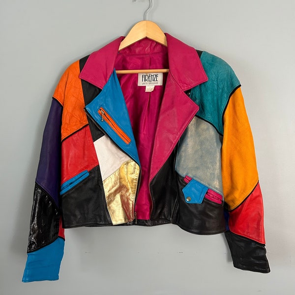 Rare Vintage 80s 90s Colorful Leather Suede Patchwork Moto Motorcycle Jacket Color Block Size Medium