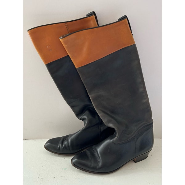 Vintage 70s 80s Duo Tone Blue Beard Leather Heeled Boots Black Brown Size 7
