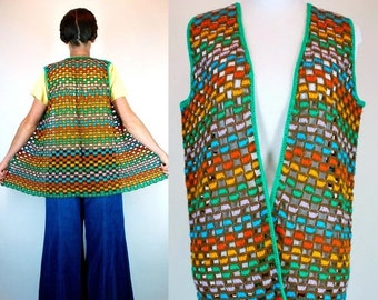 Vintage 60s Rainbow Crochet Hand Knit Duster Vest Sleeveless Mini Jacket. Boho Granny Square Hippie Handmade Outerwear. Extra Small - Medium