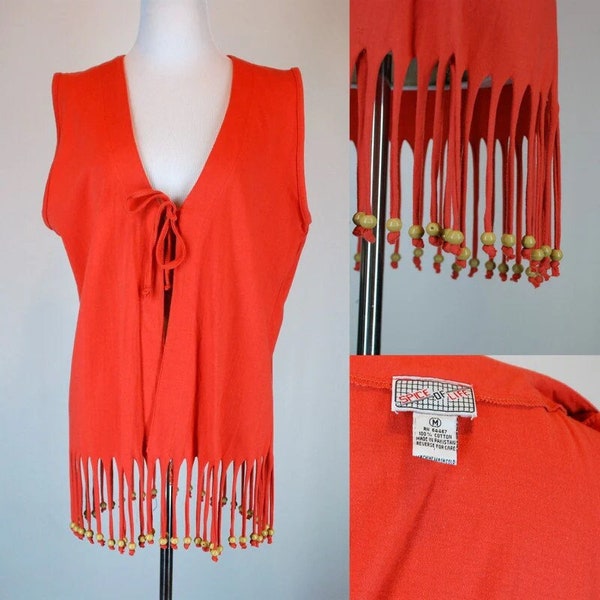 Vintage 80s Coral Long Fringe Duster Vest w/ Beads. Wild festival rocker Hippie boho Mini cotton retro neon dress Outerwear. Small - Medium