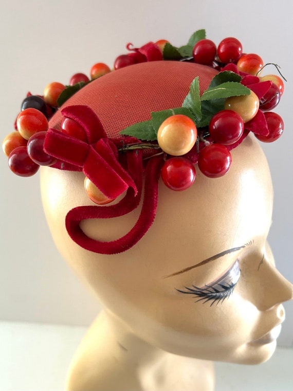 Vintage 50s Novelty Cherry Red Fascinator Cap Frui