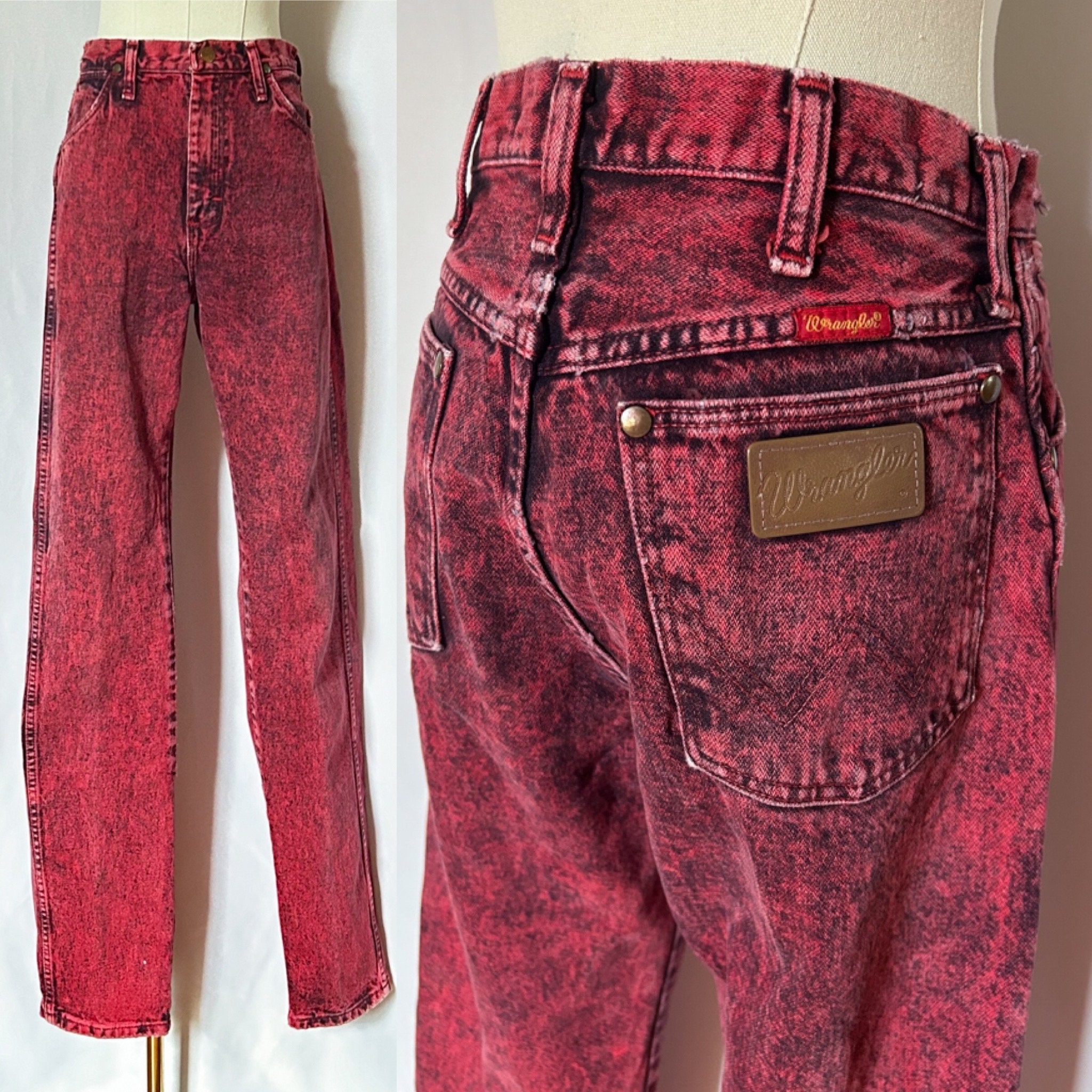 Vintage 80s Red Wrangler Jeans Acid Wash Over Dye Small