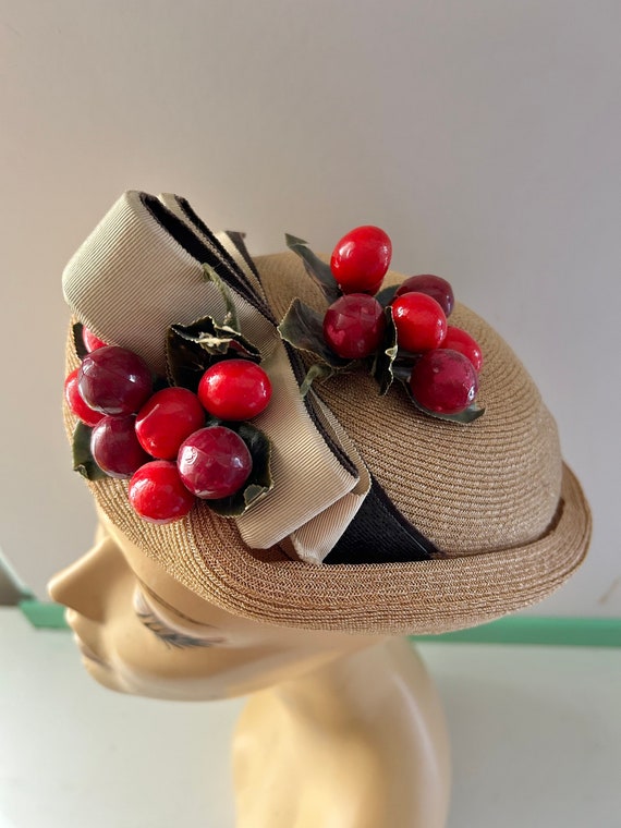 Vintage 1950s Novelty Cherry Fruit Breton Hat wit… - image 2