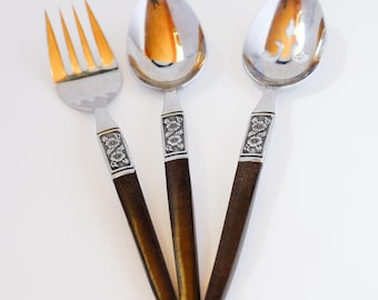 Vintage 60s MCM Ekco Eterna Floral Forged Stainless Japan EKS14 Mid Century Modern Silverware Flatware - Serving Spoons / Fork