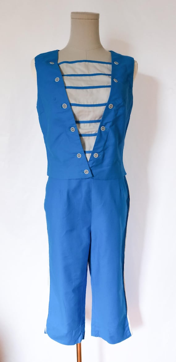 cigarette pant jumpsuit Vintage 50s Nautical Two Piece Cigarette Pants + Anchor Top Jumpsuit Dress Romper Set XS/S