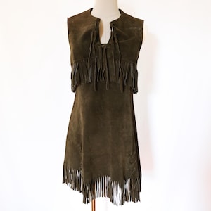 1960s 60s Brown Suede Leather Fringe Sleeveless Western Mini Dress Festival XS/S