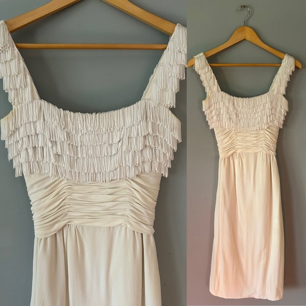 Vintage White Crepe 50s Fringe Wiggle Dress XS