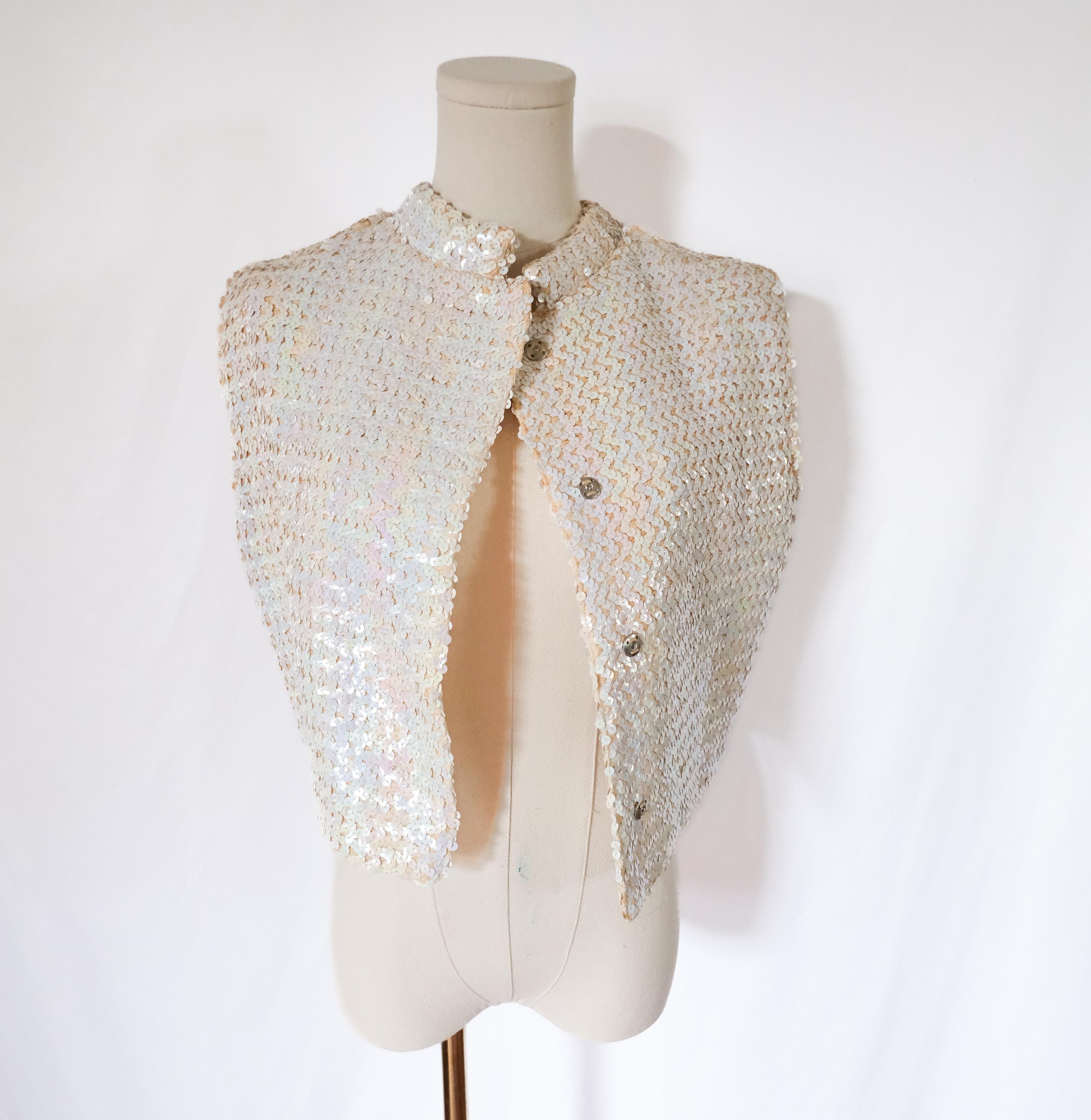 Vintage 50s 60s Iridescent White Sequin Shell Dress Jacket Vest 