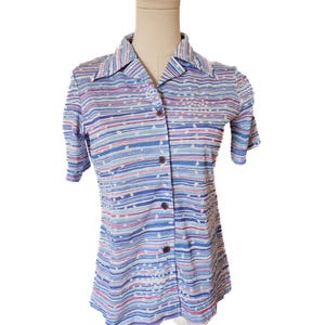 Vintage y2k Blue & Red Horizontal Striped Button Up Blouse S / M