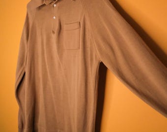 Vintage 70s Camel Light Brown Knit Polo Long Sleeve Shirt Retro L/XL