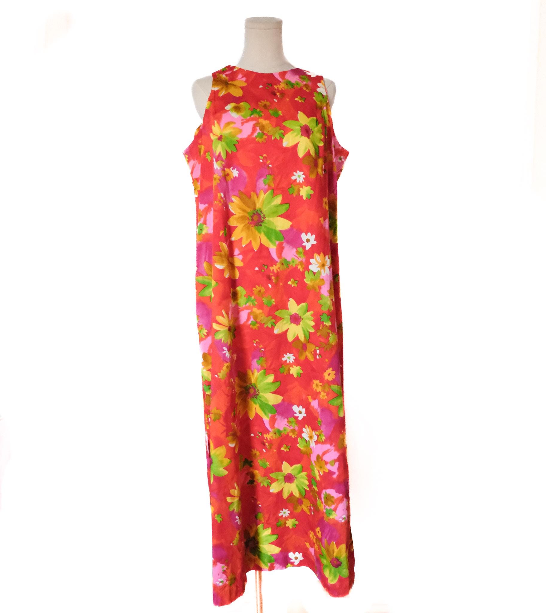 Vintage 60s Red Floral Barkcloth Hawaiian Sleeveless Maxi Dress 2XL - Etsy