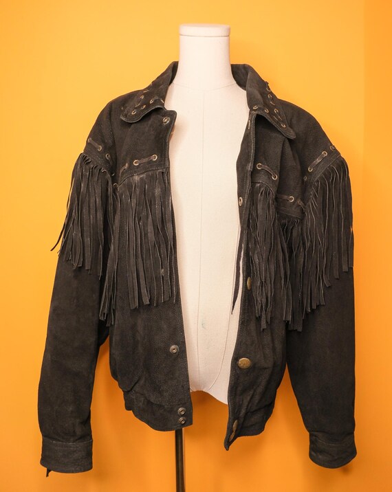 Vintage 90s Black Wilson's Leather Suede Jacket W/ Fringe Men's