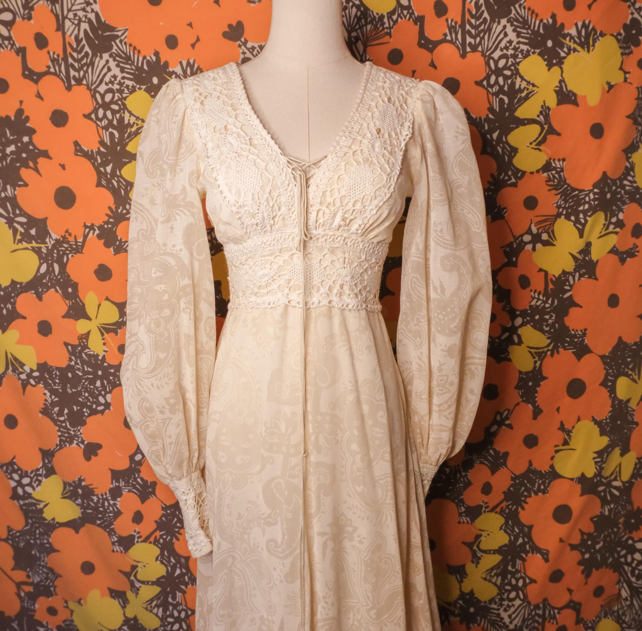 Vintage 70s Gunne Sax Prairie Corset Wedding Gown Sheer Paisley
