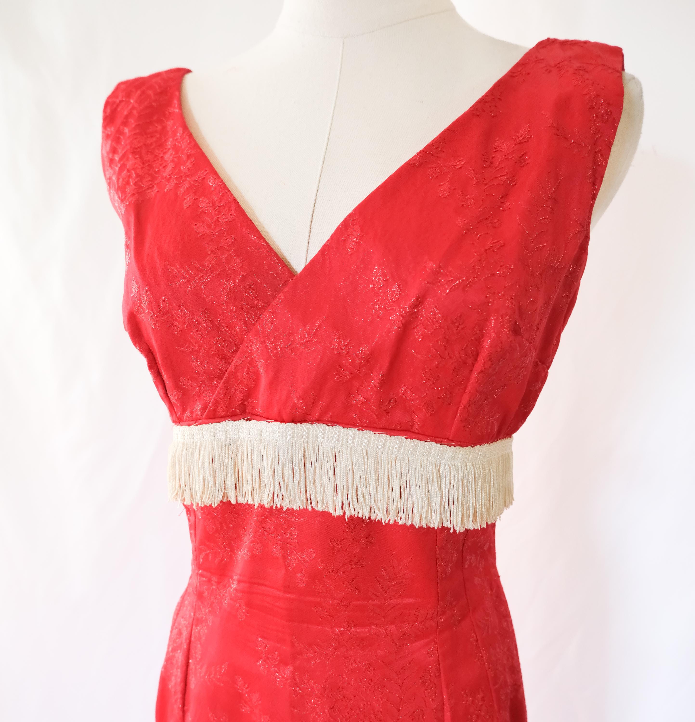 Vintage 50s Red High Waist Evening Dress w White Fringe *Wounded Bird XS/S