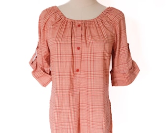 Vintage 1970s Pink Picnic Plaid Peasant Blouse Button-down Tunic w Cuffed Sleeves Small