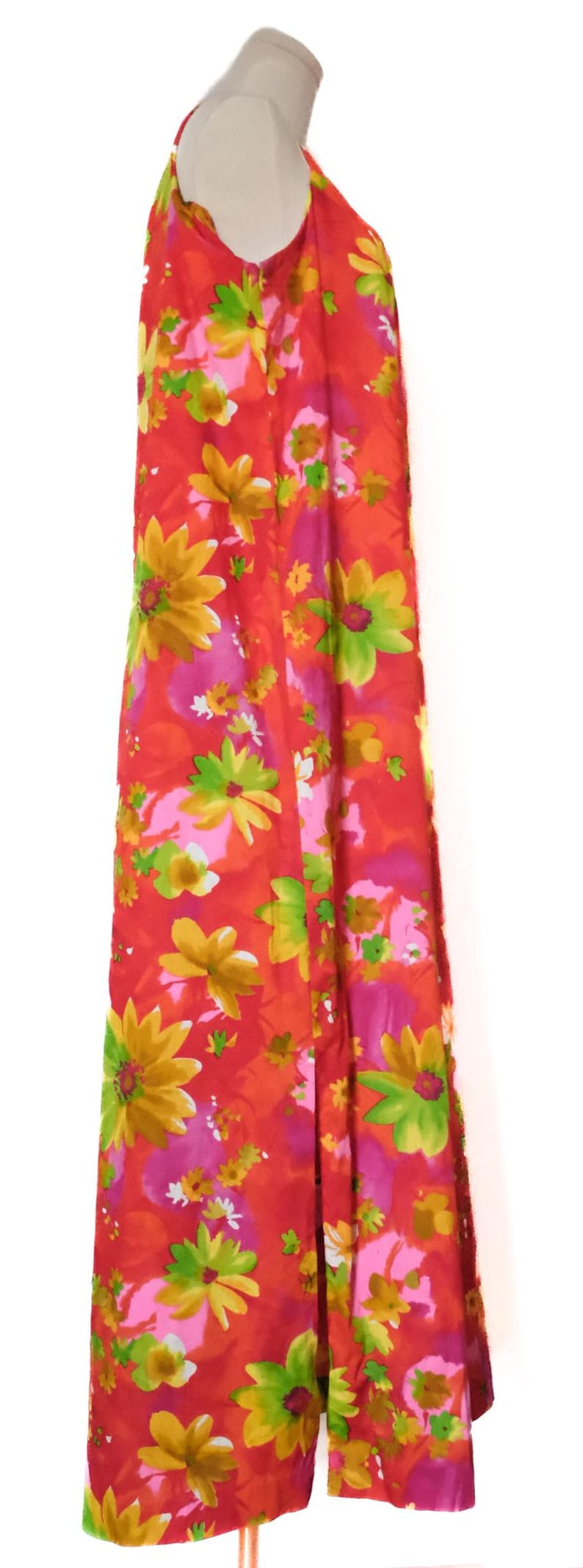 Vintage 60s Red Floral Barkcloth Hawaiian Sleeveless Maxi Dress 2XL - Etsy