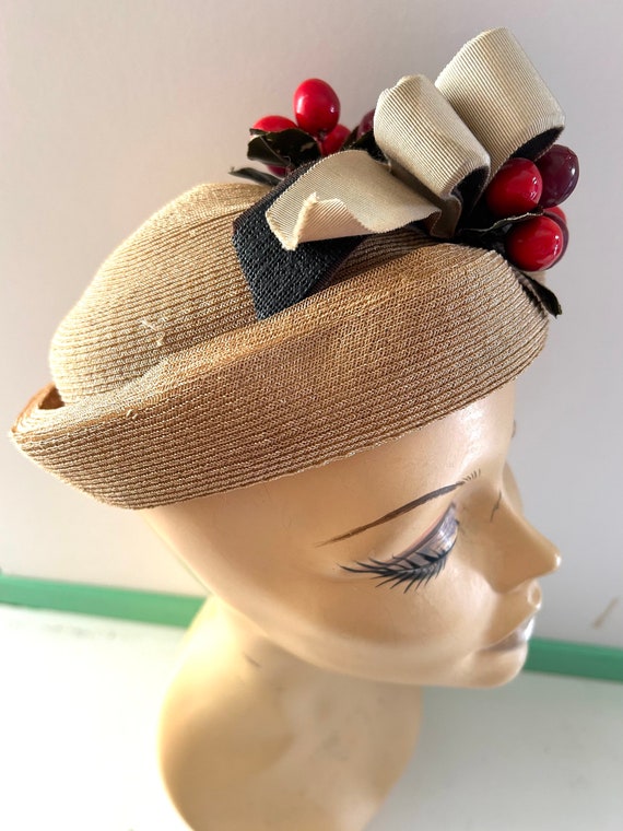 Vintage 1950s Novelty Cherry Fruit Breton Hat wit… - image 3