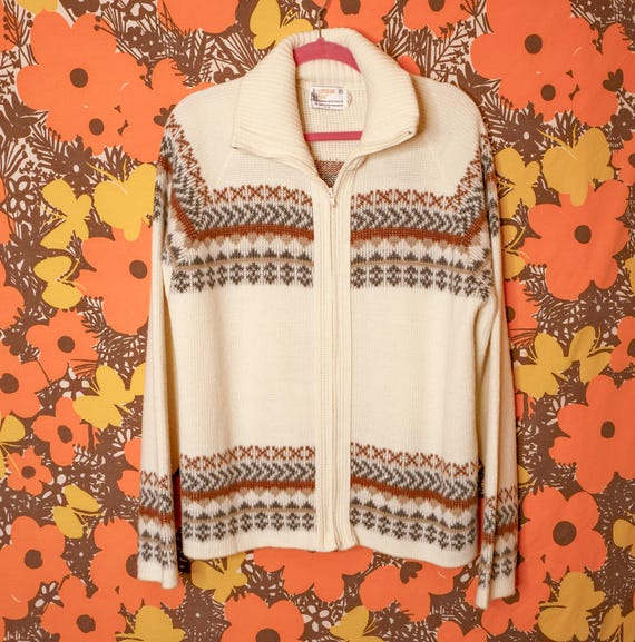 London Fog, Vintage 70s Cream Fair Isle London Fog Zip Turtleneck Cardigan Sweater XL