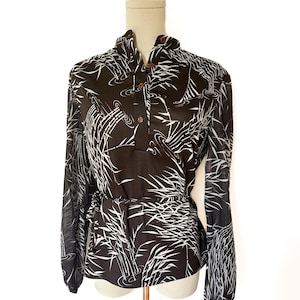 Vintage 70s Brown Bamboo Print Top with Sheer Sleeves and Tie Waist SM