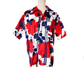 Vintage 60s Hawaiian Floral Red White Blue Barkcloth Button Up Shirt L