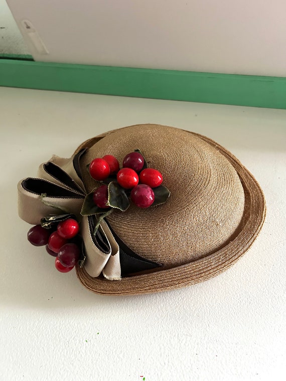 Vintage 1950s Novelty Cherry Fruit Breton Hat wit… - image 4
