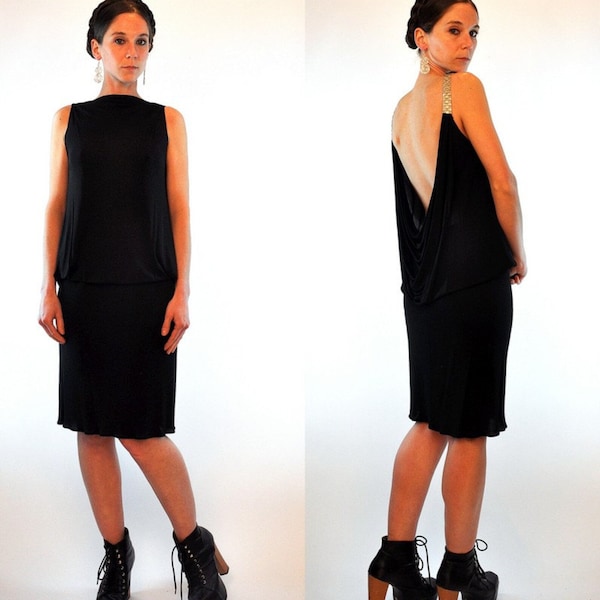 Vintage 80s Backless Draped Blouson Cocktail Dress. Slinky Black Avant Garde Glam High Neck Art Deco boho Mini Shift. Extra Small - Small