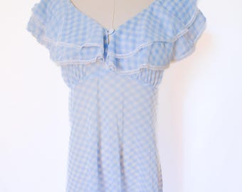 Vintage 70s Blue White Gingham Ruffle Long Nightgown Dress SM