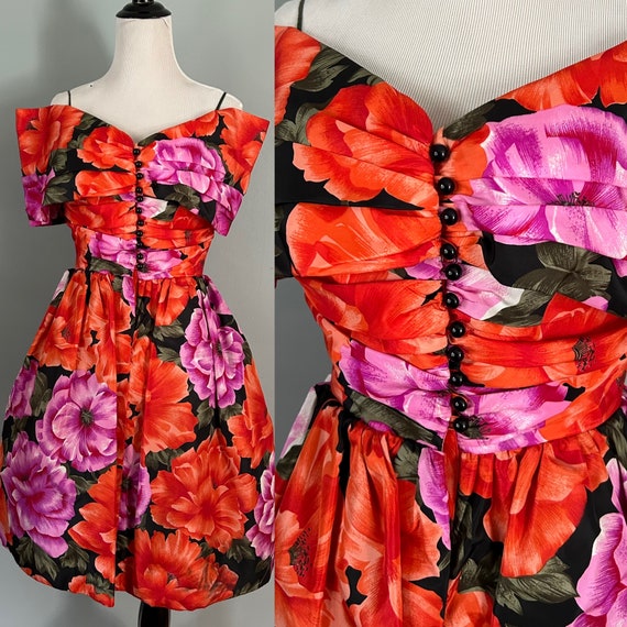 Vintage 80s Heidi J Strapless Floral Dress with B… - image 1