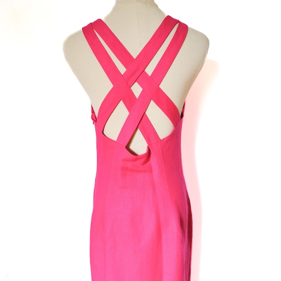 Vintage 90s Hot Pink Linen Maxi Column Dress W/ Criss Cross Straps Open Back SM - Etsy Vintage 90s Hot Pink Linen Maxi Column Dress W/ Criss Cross Straps Open Back SM - Etsy