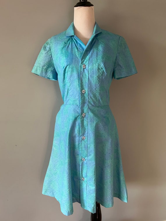 True Vintage 50s Blue Green Watercolor Day Dress … - image 2